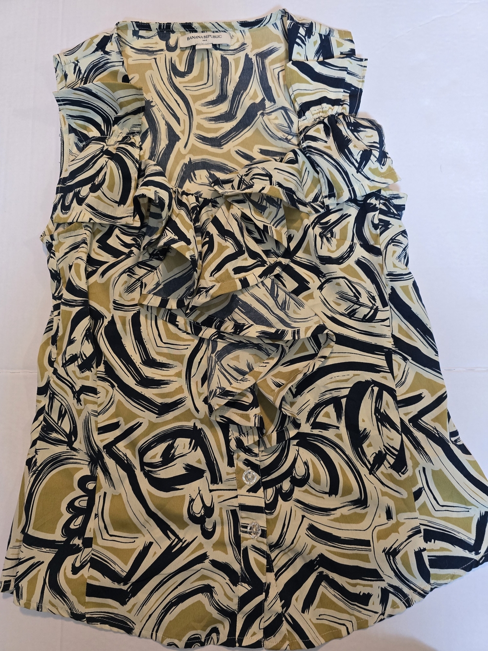Banana Republic Olive, Blue & Cream Ruffle-Front Sleeveless Blouse